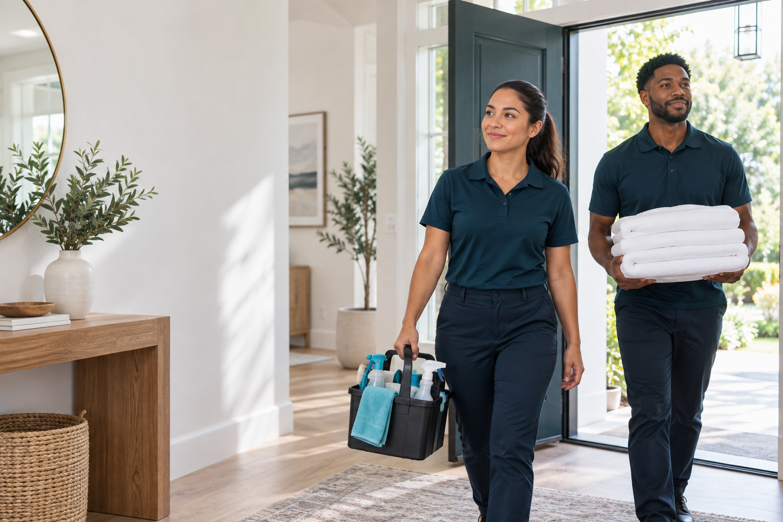 Two service professionals arriving at a bright home